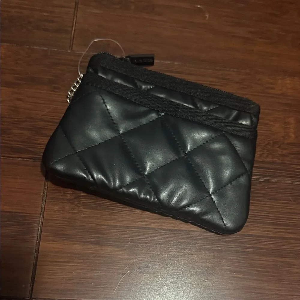 Quilted Black Faux Leather Keychain Card Wallet - 2 Zip Pockets Multiple Cards